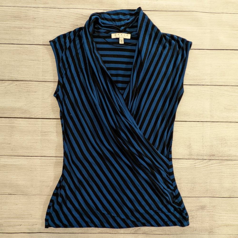 Chaus Blue/Black Wrap Front Shirt S